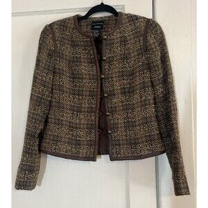 Doncaster Blazer Women's 2 Small Brown Tweed Wool Blend Leather Trim Button Up